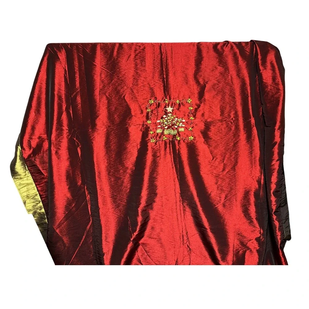 Holiday Christmas Tree Embroidered Table Cloth Shimmery‎ Silky Red Green Trim